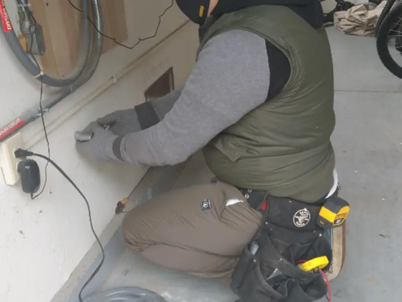 Electrician performing outlet wiring in a Fawn garage